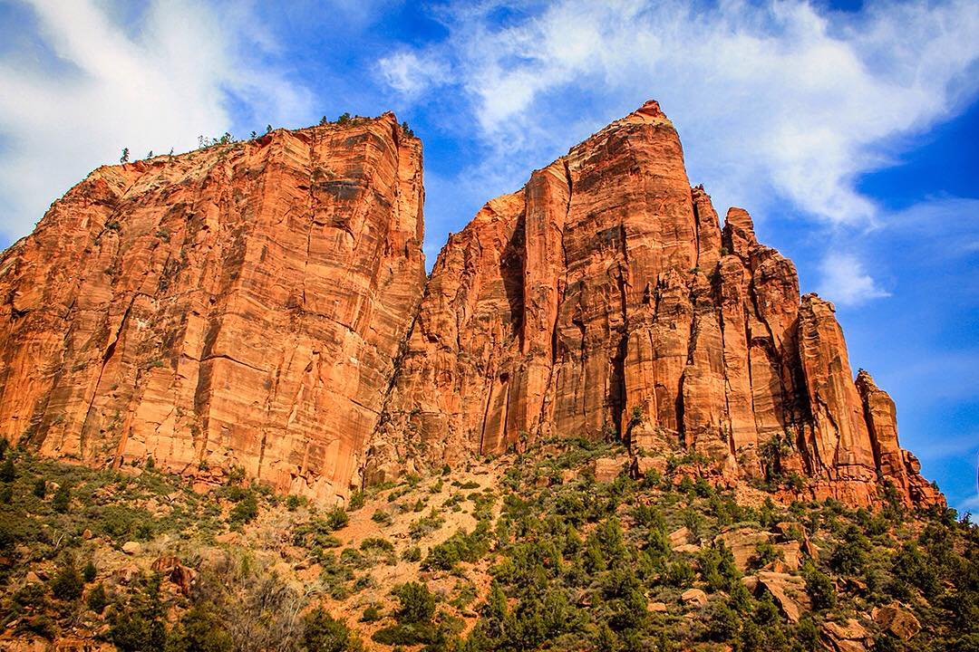 Jagged rock cliffs carve through the sky in Zion National Park in Utah, USA.⠀⠀
⠀⠀
We'd spent a couple of days exploring Grand Canyon National Park and were enjoying our final meal at our lodge when we got chatting to another group of hikers. They suggested adapting our route to take in Zion National Park. “It’s like a red Yosemite in the desert,” they told us. “You’ll love it.”⠀⠀
⠀⠀
And we did! The massive sandstone cliffs of cream, pink, and red soar dramatically into the sky. We chose to explore three short hikes: the Weeping Rock Trail, the Upper Emerald Pool Trail and part of the Riverside Walk. ⠀⠀
-⠀⠀
-⠀⠀
-⠀⠀
-⠀⠀
-⠀⠀
-⠀⠀
#zionnationalpark #Utah #Zion #hiking #nps #angelslanding #nationalparks #nature #roadtrip #neverstopexploring #keepitwild #thegreatoutdoors #backpacking #adventurethatislife #adventureawaits #adventureculture #liveoutdoors #hikingadventures #getoutstayout #wellhiked #stayandwander #takeahike